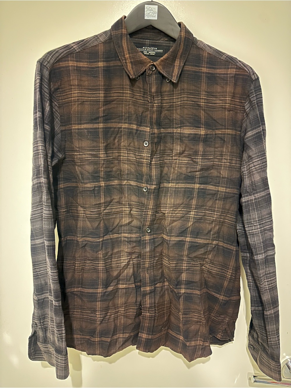 AllSaints Brown and Black Plaid Button-Down Shirt